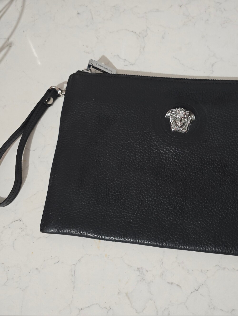 Versace Black Leather Wristlet Clutch with Silver Medusa Emblem